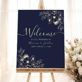 Póster Elegante signo de bienvenida de Boda dorado y azul