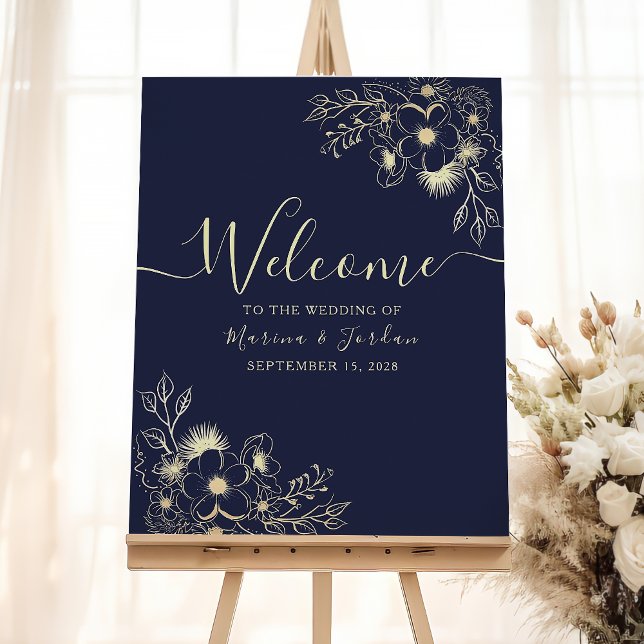 Póster Elegante signo de bienvenida de Boda dorado y azul (Subido por el creador)
