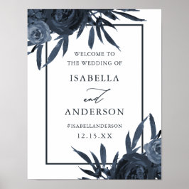 Póster Elegante signo de bienvenida de Boda floral azul o