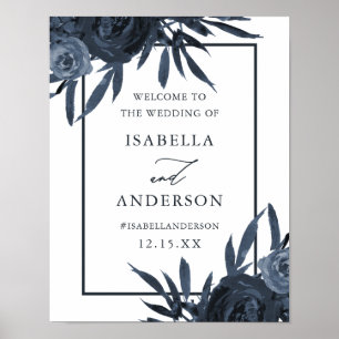 Póster Elegante signo de bienvenida de Boda floral azul o