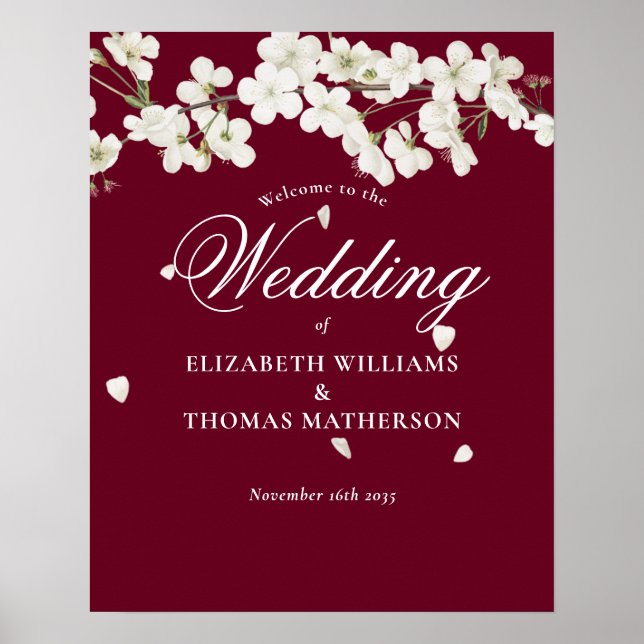 Póster Elegante signo de bienvenida de Boda floral blanco (Frente)