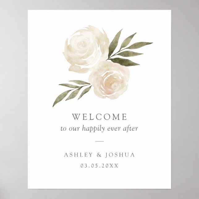 Póster Elegante signo de bienvenida de Boda floral blanco (Frente)