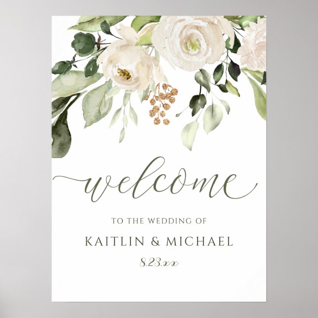 Póster Elegante signo de bienvenida de boda verde Flor bl (Frente)