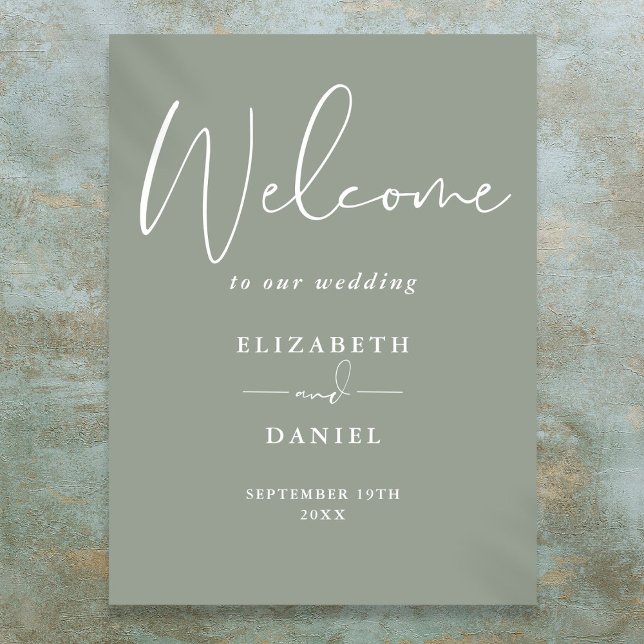 Póster Elegante signo de bienvenida de Boda verde sabio (Elegant Modern Sage Green Wedding Welcome Sign)
