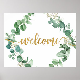 Póster Elegante signo de bienvenida de eucalipto verde