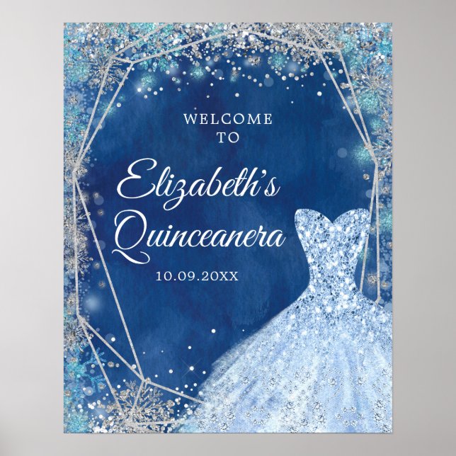 Póster Elegante signo de bienvenida de invierno azul de l (Frente)