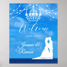 Elegante signo de bienvenida de playa, pareja y lá