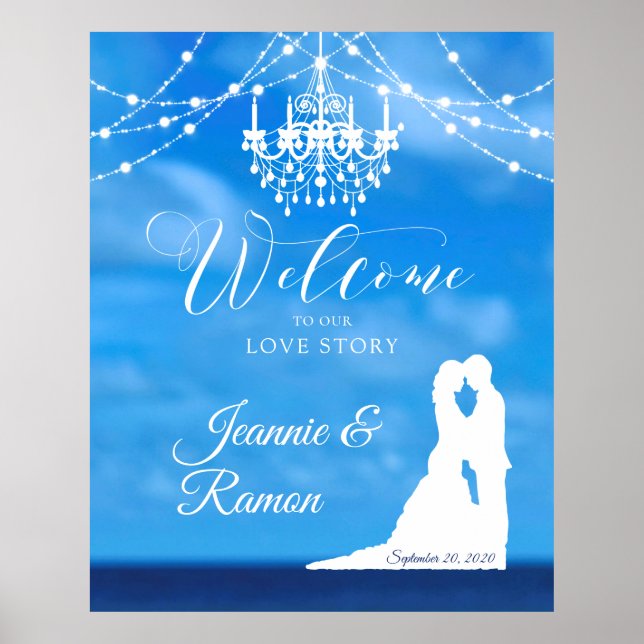 Póster Elegante signo de bienvenida de playa, pareja y lá (Frente)