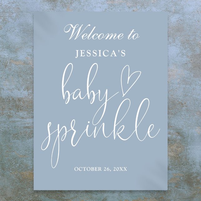 Póster Elegante signo de bienvenida de un bebé azul turbi (Elegant Dusty Blue Baby Sprinkle Welcome Sign)