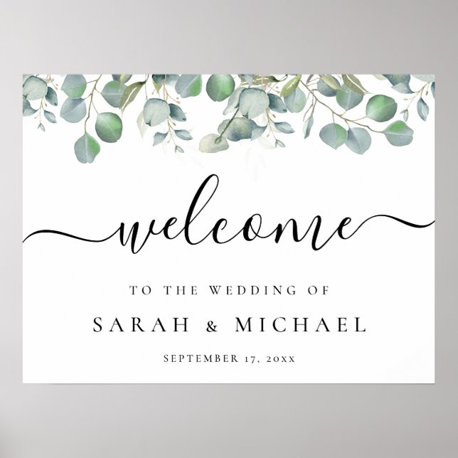 Póster Elegante signo de bienvenida del Boda Eucalyptus G (Frente)