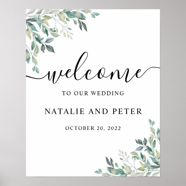 Póster Elegante signo de bienvenida del Boda Eucalyptus G (Frente)