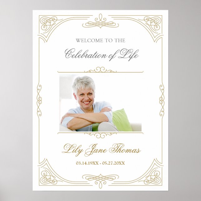 Póster Elegante Signo de bienvenida funeral Swirl Gold -  (Frente)