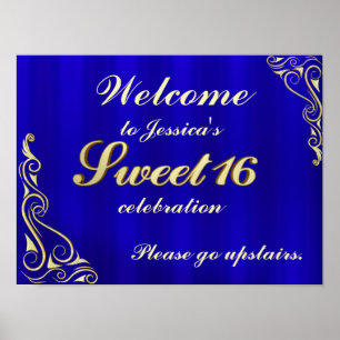 Póster Elegante signo de bienvenida oro y dulce azul 16