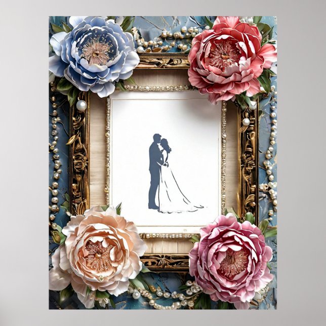 Póster Elegante Silueta de Boda en Marco (Frente)