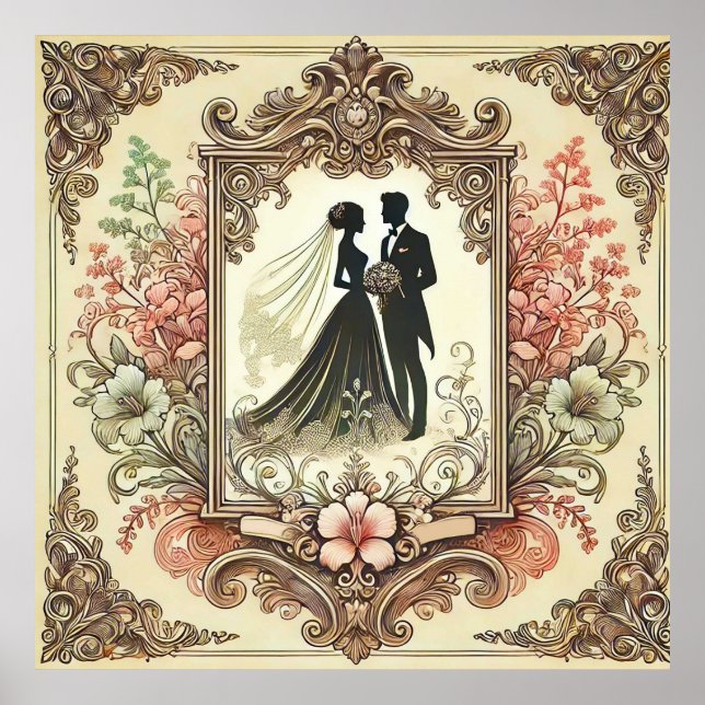 Póster Elegante Silueta de Boda Enmarcada (Frente)