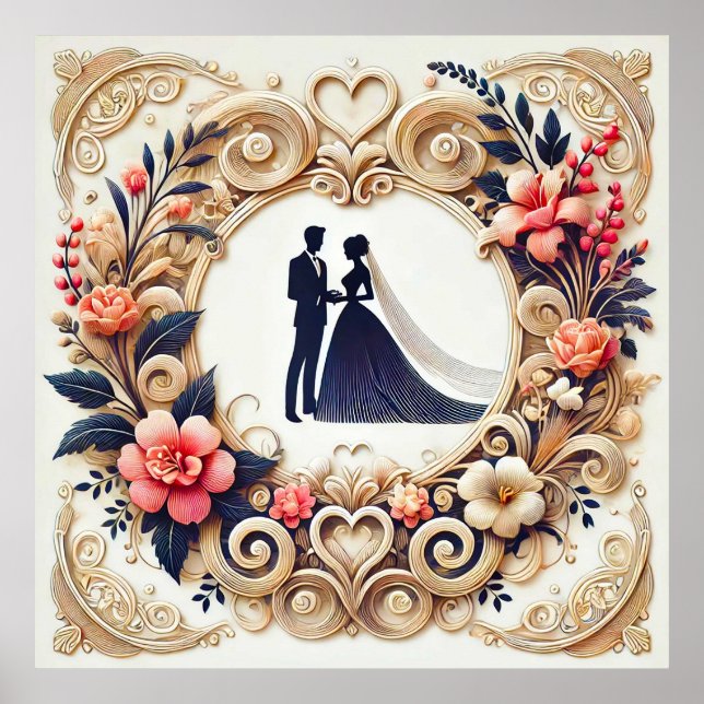 Póster Elegante Silueta de Boda Enmarcada (Frente)