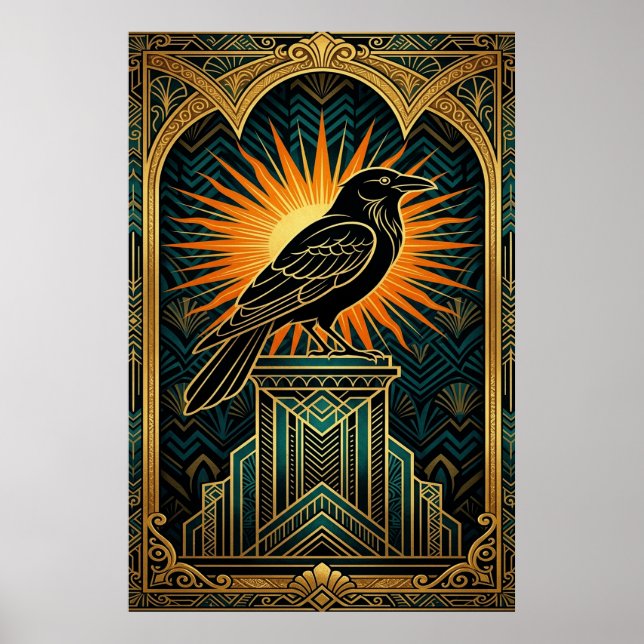 Póster Elegante silueta de cuervo Art Déco en oro y negro (Frente)