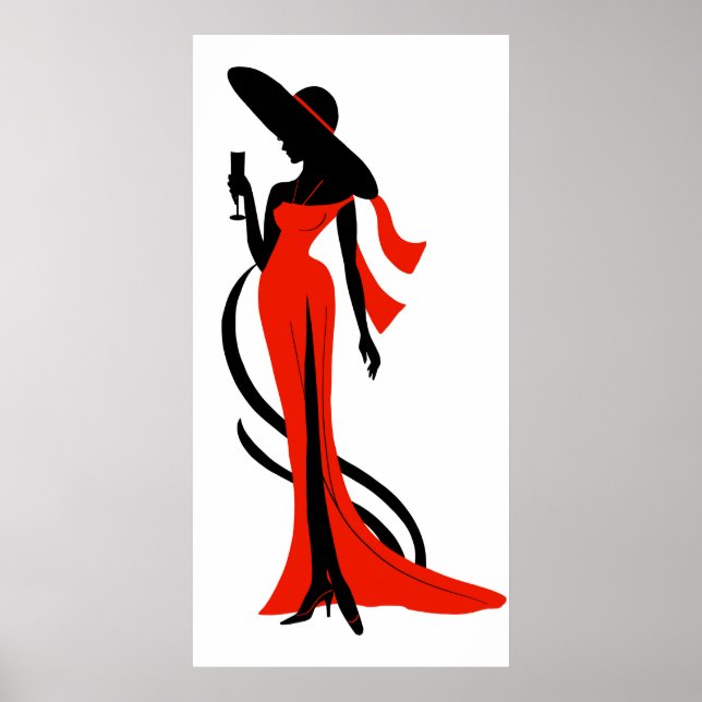 Póster Elegante silueta de mujer vestido rojo con copa de (Frente)