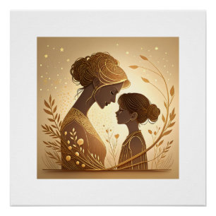 Póster Elegante Silueta Dorada Madre e Hija –