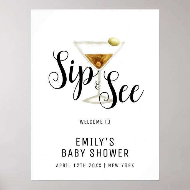 Póster Elegante Sip y Ver Martini Baby Shower Welcome (Frente)