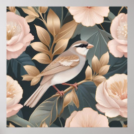 Póster Elegante Sparrow Dusty Floral rosa y dorada