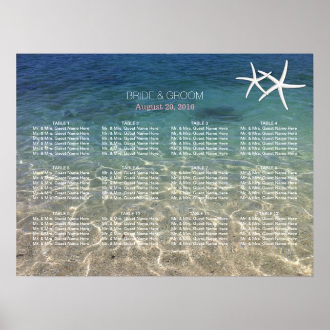 Póster Elegante Starfish Blue Beach Wedding Chart (Frente)