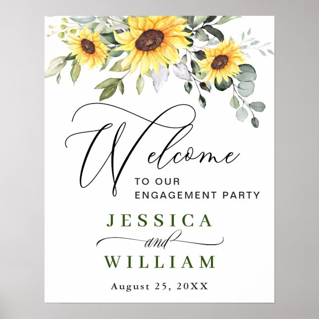 Póster Elegante Sunflowers Eucalyptus Engagement Party (Frente)