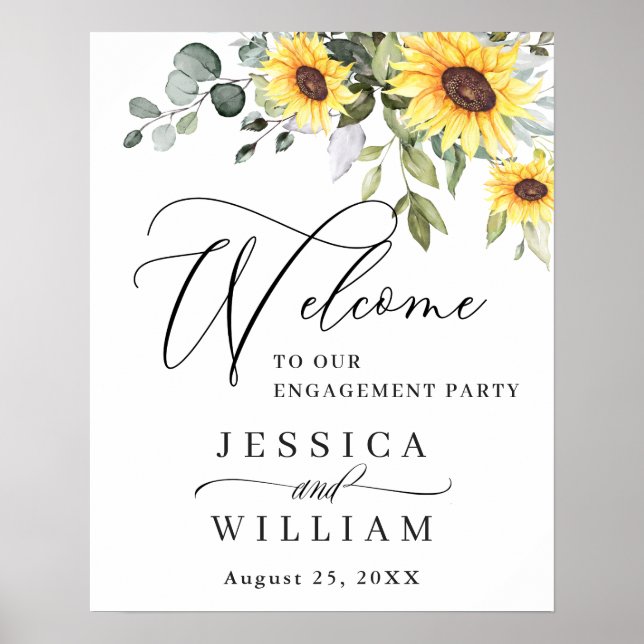 Póster Elegante Sunflowers Eucalyptus Engagement Party (Frente)
