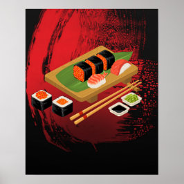 Póster Elegante Sushi Negro y Rojo Moderno y Chic