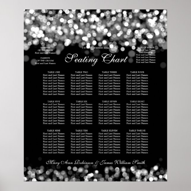 Póster Elegante Tabla de Asientos de Boda Luces Plateadas (Frente)