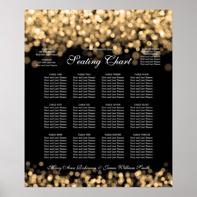 Póster Elegante Tabla de asientos de bodas Luces de oro (Frente)