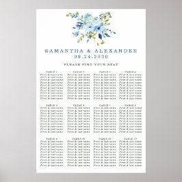 Póster Elegante tablero de asientos Boda de flores azul t