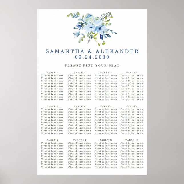 Póster Elegante tablero de asientos Boda de flores azul t (Frente)
