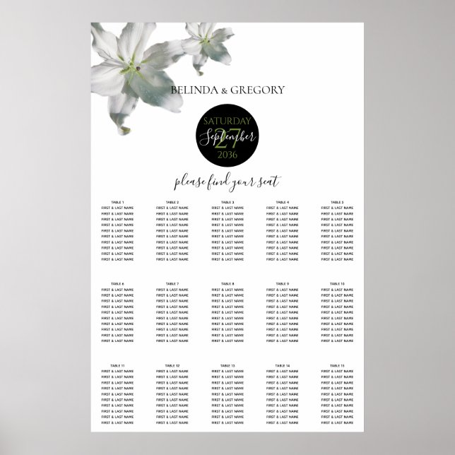 Póster Elegante tablero de asientos Boda de ilias blancas (Frente)