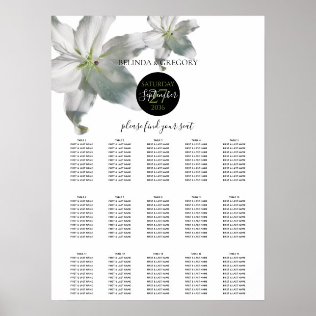 Póster Elegante tablero de asientos Boda de ilias blancas (Frente)