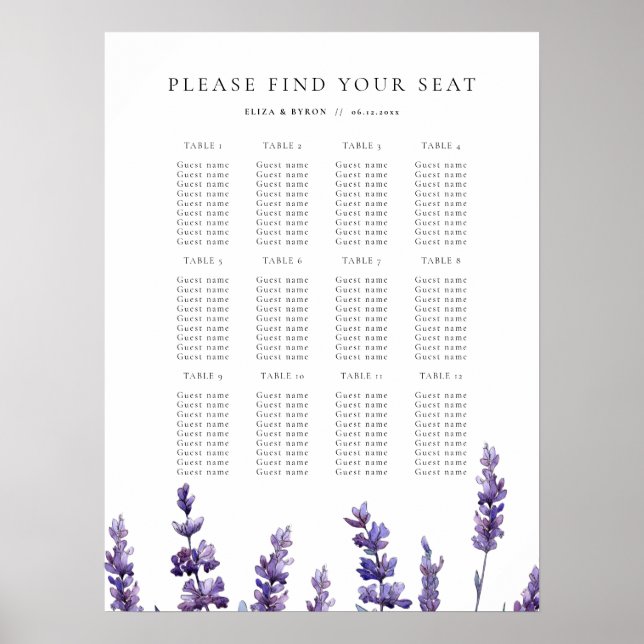 Póster Elegante tablero de asientos Boda de Lavanda Flora (Frente)