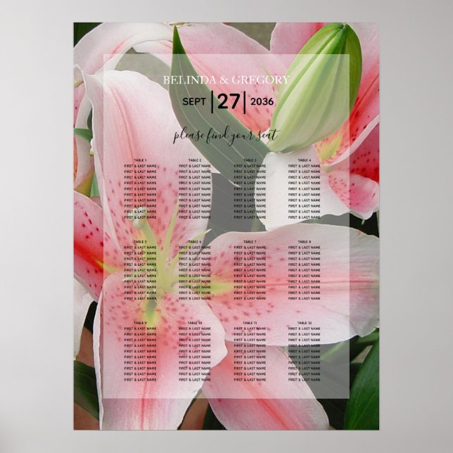 Póster Elegante tablero de asientos Boda de los Lilies or (Frente)