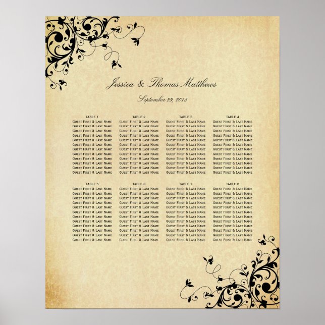 Póster Elegante tablero de asientos Boda de Swirls Antigu (Frente)