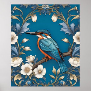 Póster Elegante Turquoise Kingfisher Bird Floral