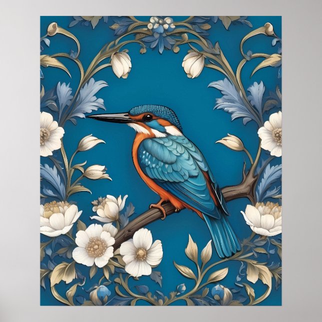 Póster Elegante Turquoise Kingfisher Bird Floral (Frente)