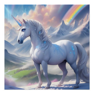 Póster Elegante unicornio de cuento de hadas en un valle