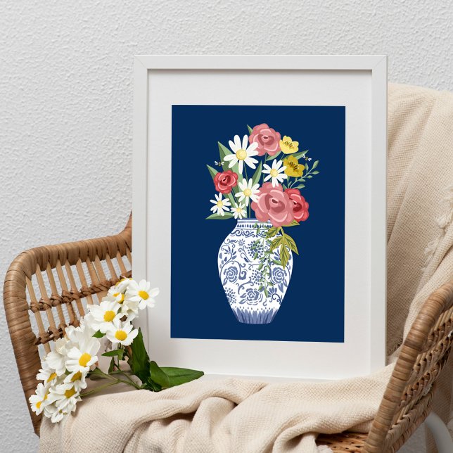 Póster Elegante Vasa De Cerámica Azul Y Flores Florecient (Elegant Blue Pottery Vase And Blooming Flowers Poster)