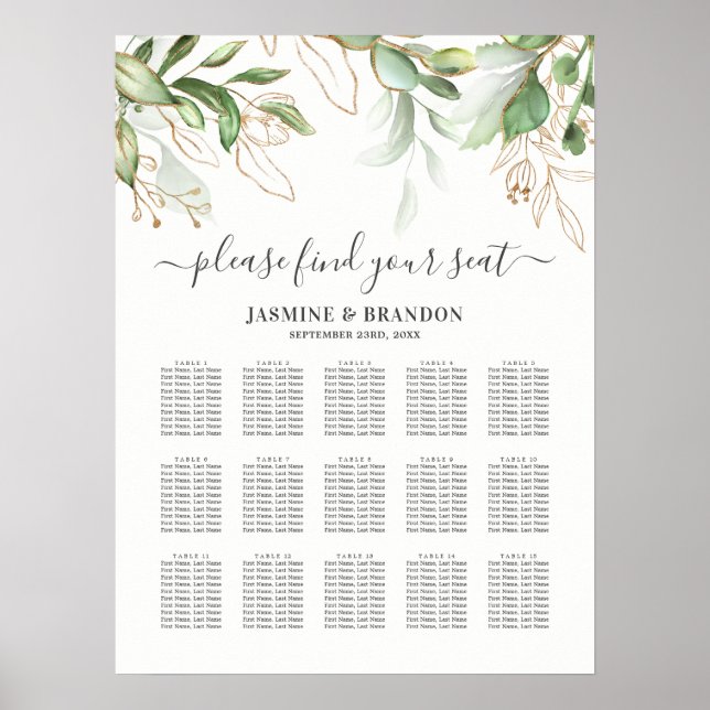 Póster Elegante vegetación 15 asientos Bodas de mesa (Frente)