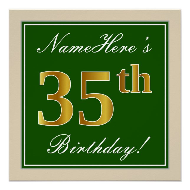 Póster Elegante, Verde, Dorado Falso Cumpleaños 35 + Nomb (Anverso)