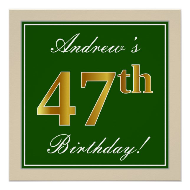 Póster Elegante, Verde, Dorado Falso Cumpleaños 47 + Nomb (Anverso)