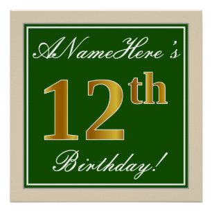 Póster Elegante, verde, falso oro 12 cumpleaños + nombre