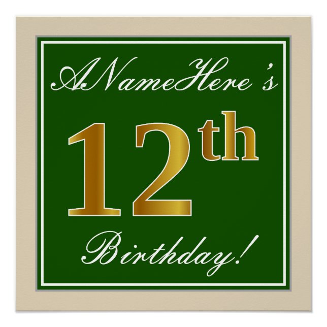 Póster Elegante, verde, falso oro 12 cumpleaños + nombre (Anverso)