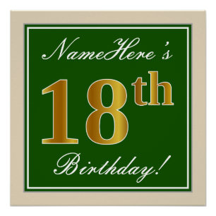 Póster Elegante, verde, falso oro 18 cumpleaños + nombre