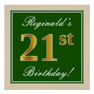 Póster Elegante, verde, falso oro 21 cumpleaños + nombre