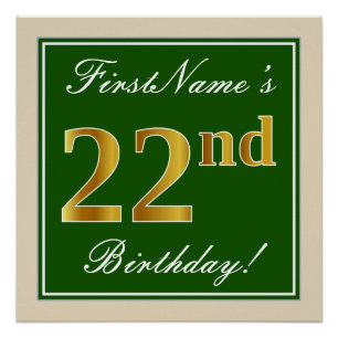 Póster Elegante, verde, falso oro 22 cumpleaños + nombre